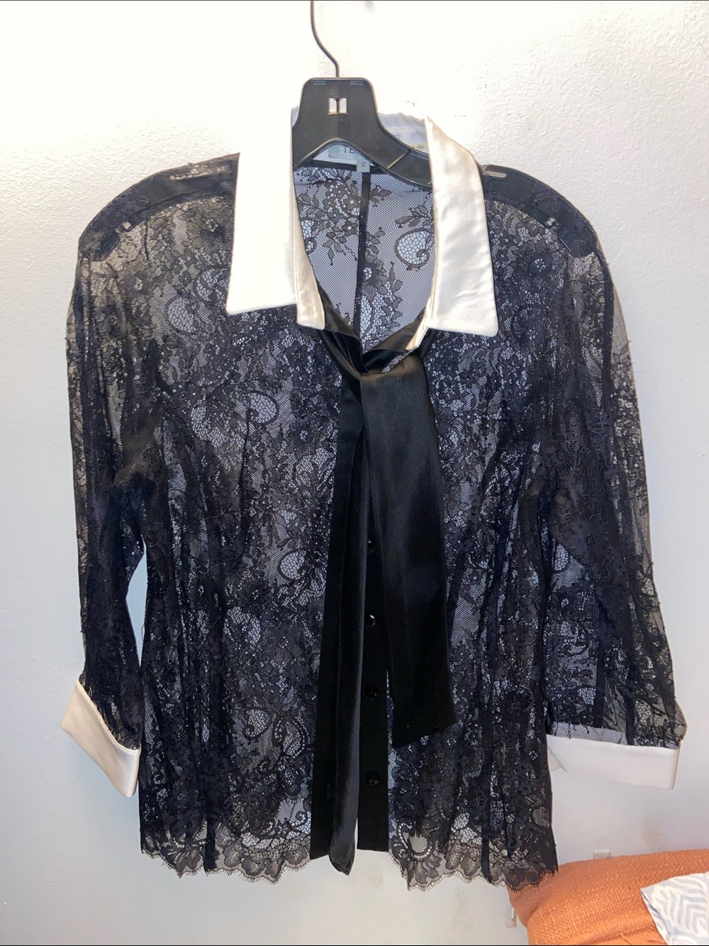 TERI JON  sheer Black Lace Tie-Front Blouse with White Collar